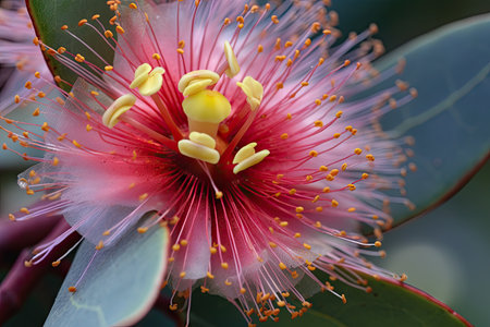 close-up of eucalyptus flower, with its delicate petals and vibrant colors in full view, created with generative aiの素材