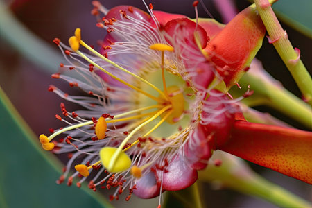 close-up of eucalyptus flower, with its delicate petals and vibrant colors in full view, created with generative aiの素材