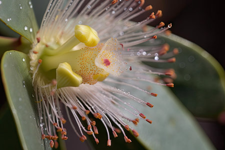 eucalyptus flower close-up, with its intricate petals and delicate pollen visible, created with generative aiの素材