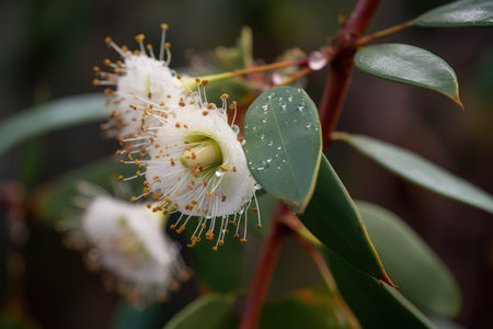 close-up of eucalyptus flowers, with droplets of morning dew, created with generative aiの素材