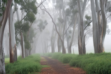eucalyptus grove in misty morning, with dew on the leaves, created with generative aiの素材