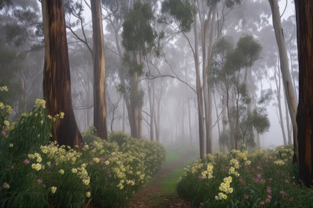 eucalyptus trees in misty morning, with flowers blooming, created with generative aiの素材