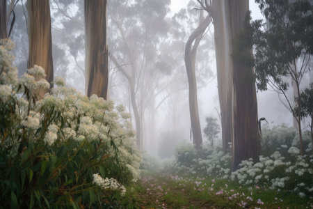 eucalyptus trees in misty morning, with flowers blooming, created with generative aiの素材