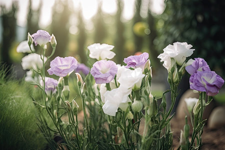 eustoma blooms in natural outdoor setting, surrounded by greenery, created with generative aiの素材