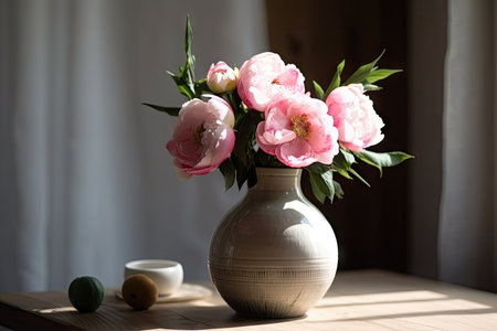 eustoma and pink peonies in modern vase on wooden table, created with generative aiの素材