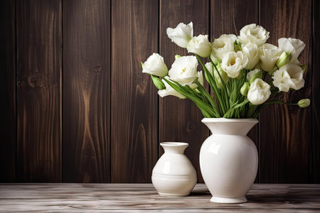 eustoma in a white vase on a wooden table, created with generative aiの素材