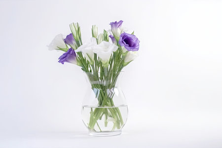 eustoma bloom in glass vase on white background, created with generative aiの素材