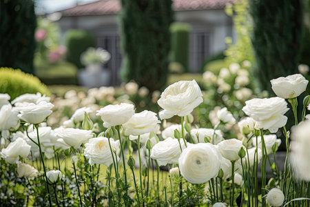 eustoma blooming in a timeless garden filled with white roses, created with generative aiの素材