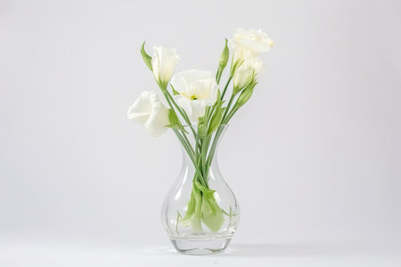 eustoma flower in a delicate glass vase on white background, created with generative aiの素材