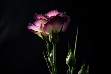 eustoma bloom with dramatic lighting in the evening, created with generative aiの素材