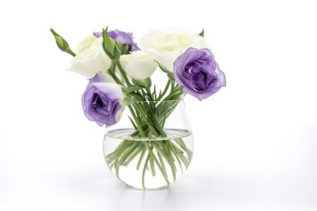 eustoma bloom in glass vase on white background, created with generative aiの素材