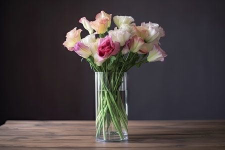 eustoma blossom in glass vase on wooden table, created with generative aiの素材