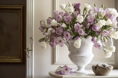 eustoma blooms in a classic urn, bringing elegance to any room, created with generative aiの素材