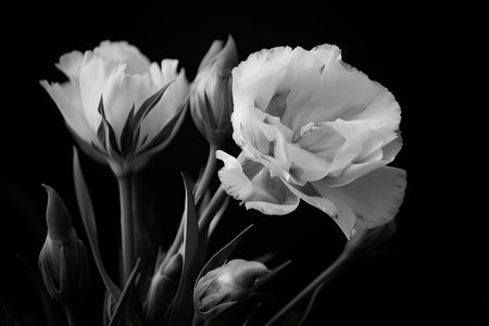 eustoma bloom in black and white photo, created with generative aiの素材