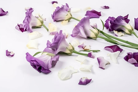 eustoma bloom among falling leaves on white background, created with generative aiの素材