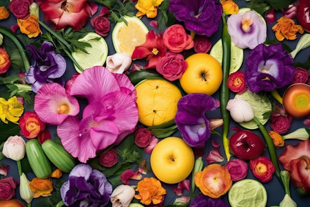 eustoma blooming in tropical garden, surrounded by exotic fruits and flowers, created with generative aiの素材