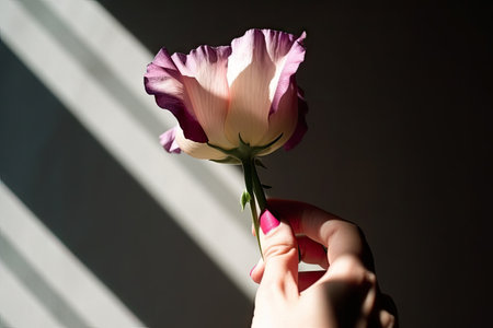 eustoma bloom in the hand, with sunlight and shadows, created with generative aiの素材