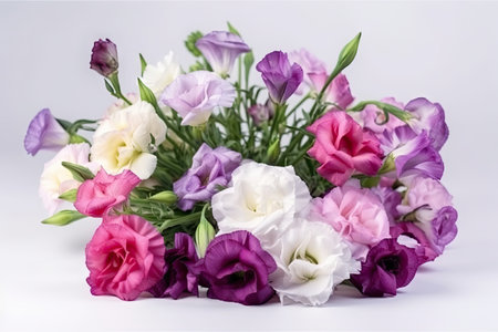 eustoma bloom bouquet, arranged with other flowers, on white background, created with generative aiの素材