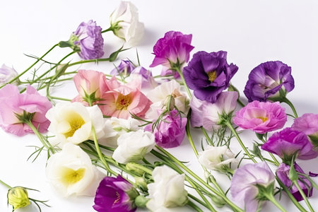 eustoma bloom bouquet, arranged with other flowers, on white background, created with generative aiの素材