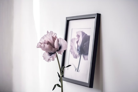 the delicate bloom of eustoma on white wall, with a black frame and natural light in the background, created with generative aiの素材