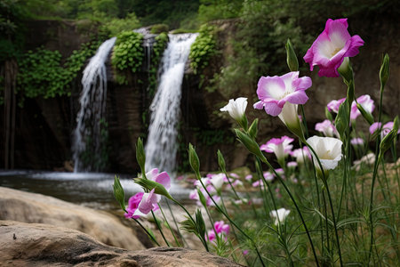 eustoma blooms in natural setting with trees and waterfall, created with generative aiの素材