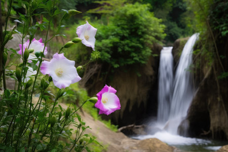 eustoma blooms in natural setting with trees and waterfall, created with generative aiの素材