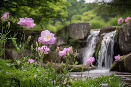 eustoma blooms in natural setting with trees and waterfall, created with generative aiの素材
