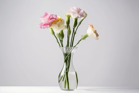 eustoma blooms in vase on white background, created with generative aiの素材