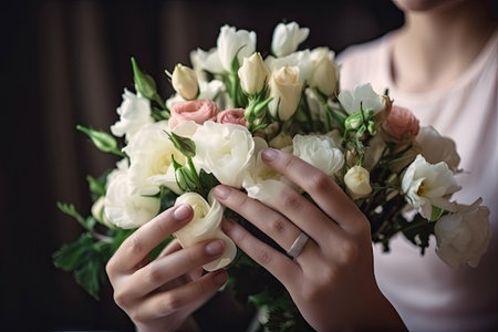 eustoma bloom in the hand of a bride, decorating her wedding bouquet, created with generative aiの素材