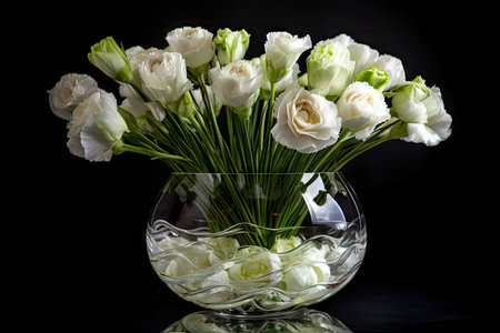 eustoma in elegant crystal vase with water, created with generative aiの素材