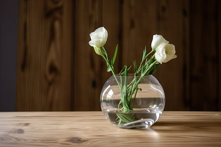 eustoma in clear vase on wooden table, created with generative aiの素材