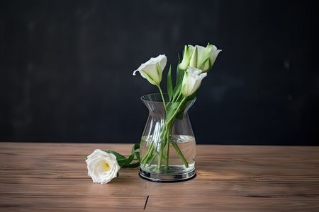 eustoma in clear vase on wooden table, created with generative aiの素材