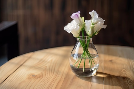 eustoma in clear vase on wooden table, created with generative aiの素材