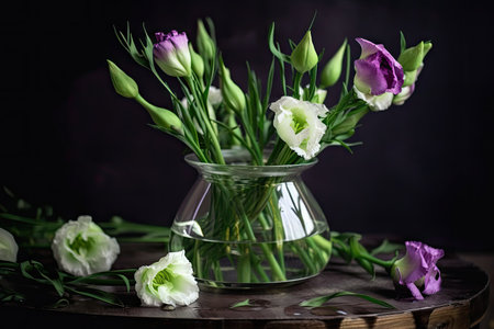 eustoma blooms in a vase, surrounded by water and greenery, created with generative aiの素材