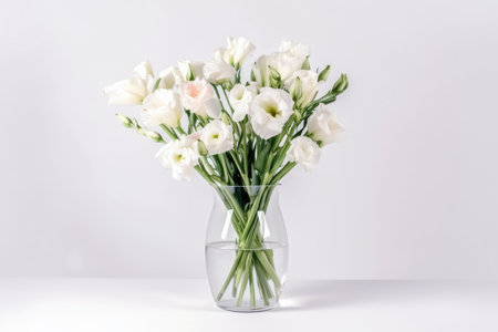 eustoma in vase on white or light background, created with generative aiの素材