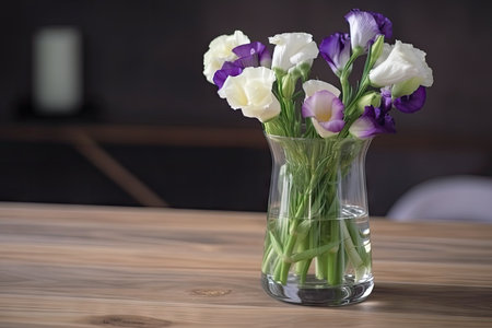 eustoma bloom in glass vase on wooden table, created with generative aiの素材