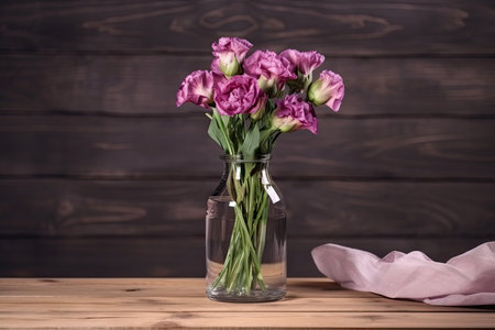 eustoma bloom in glass vase on wooden table, created with generative aiの素材