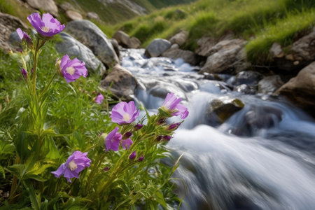 eustoma bloom along tranquil mountain stream, created with generative aiの素材