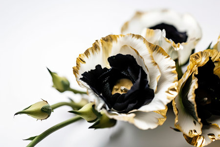 eustoma bloom on white background with black and gold accents, created with generative aiの素材