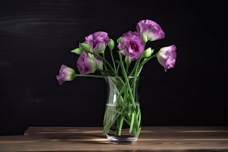 eustoma blooms in glass vase on wooden table, created with generative aiの素材