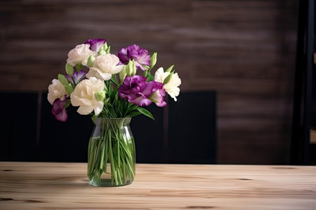 eustoma bouquet in simple vase on wooden table, created with generative aiの素材