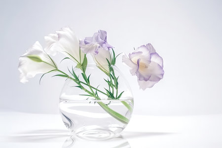 eustoma bloom floating in glass vase on white table, created with generative aiの素材