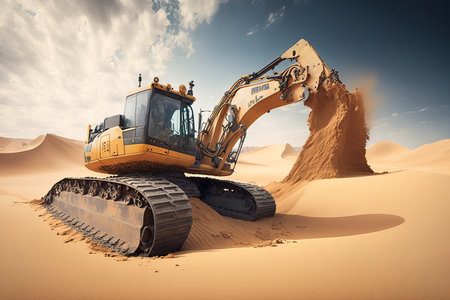 excavator digging into desert sand, with endless dunes in the background, created with generative aiの素材