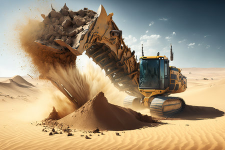 excavator with its bucket digging into the sand of the desert, created with generative aiの素材