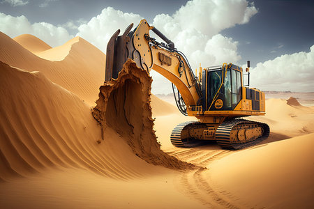 excavator surrounded by towering dunes in the desert, created with generative aiの素材