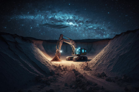 excavation site under starry night sky with the milky way visible, created with generative aiの素材