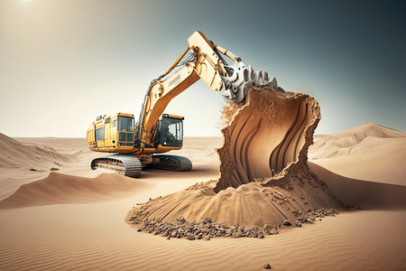 excavator with bucket digging into the desert sand, searching for hidden treasure, created with generative aiの素材