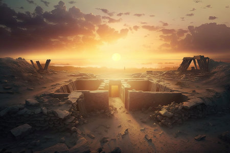 excavations site at sunrise, with the sun rising over the horizon, created with generative aiの素材