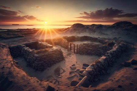 excavations site at sunrise, with the sun rising over the horizon, created with generative aiの素材
