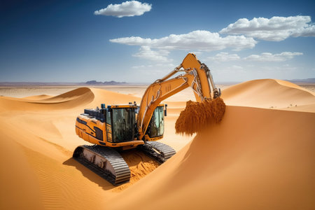 excavator digging into the sand dunes of desert, with a view of endless dunes in the background, created with generative aiの素材